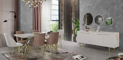 Produktbild von Exklusive Esszimmer Möbel Designer Edelstahl Garnitur Esstisch Stühle