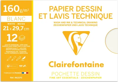 Produktbild von Clairefontaine 10x Lavis, Technisches Zeichenpapier A4, Pkg 12 Bogen 160g 96257C