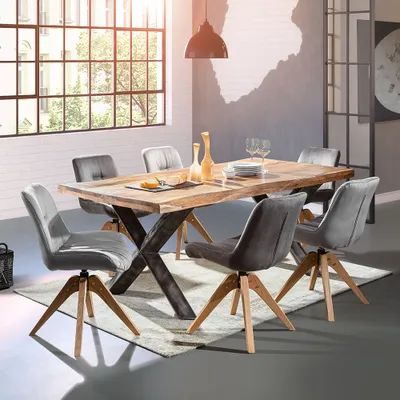 Produktbild von Essplatzgruppe Massivholz Esstisch 240 cm mit 6 Stühlen TARRAS-123 Tisch mit Metallgestellen in schwarz