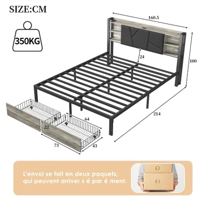 Produktbild von Doppelbett mit LED - Bettgestell 160x200 cm - USB Anschlüsse - 2 Schubladen Stauraum - Gepolstertes PolyurethanKopfteil - Metallrahmen - Schwarz