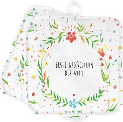 Produktbild von Mr. & Mrs. Panda Topflappen Großeltern - Geschenk, Omi, Großmutter, Bester, Topflappenset, 2er Set, Topfuntersetzer, topfhalter, Grosseltern, Enkelkind, Kochlappen