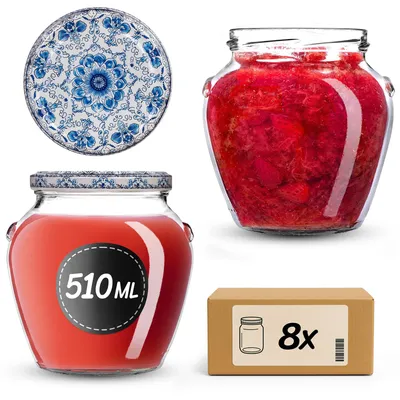 Zdjęcie produktu dla Słoiki do wekowania KADAX 510 ml z zakrętką fi82mm, słoiki z zakrętką, słoiki na miód, słoiki do wekowania miodu (białe/niebieskie, 8 sztuk)
