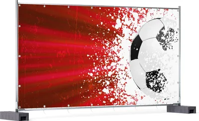 Produktbild von Wallario XXL Outdoor-Poster für Garten oder Balkon, Motiv Fußball - Splashing Design in rot, in ca. 340 x 173 cm