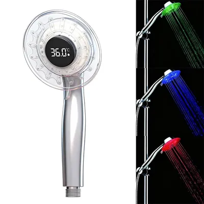 Produktbild von LED Duschkopf Handbrause mit Temperaturanzeige, 3-farbiger Regendusche LED, wassersparender Brausekopf aus ABS, große Sprayfläche