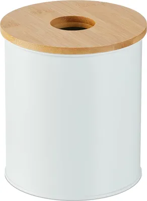 Produktbild von Relaxdays Kosmetikeimer, 2 Liter, Bambusdeckel mit Loch, runder Badmülleimer, Mülleimer für Bad & Schminktisch, weiß