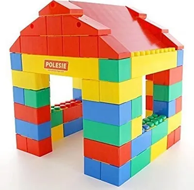 A colorful toy house made of large building blocks.