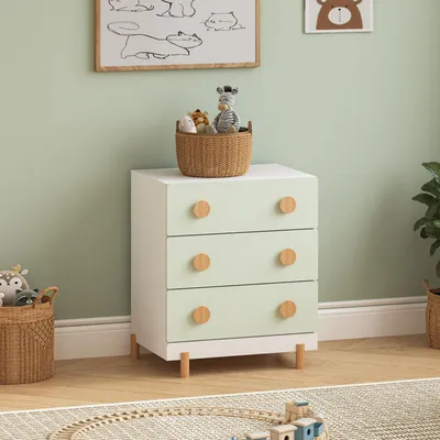 Productafbeelding van Kinderkastje 'Vaarentaa', 55 x 41 x 66 cm, met 3 lades, houten poten, wit/mintgroen