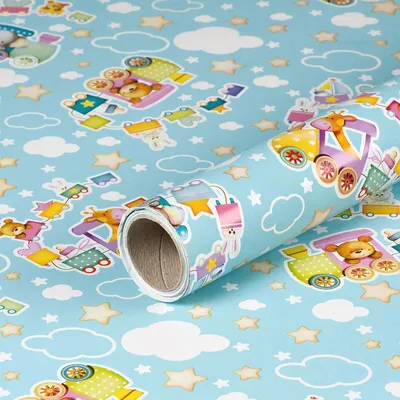 Produktbild von Geschenkpapier Eisenbahn, Hellblau, 0,70 x 10 m - Geburtstagspapier für Kinder
