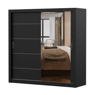 Produktbild von Schwebetürenschrank LION, Schlafzimmer, Kleiderschrank Schrank 203 cm Schwarz/Schwarz mit Spiegel, alufarbene PVC-Griffe