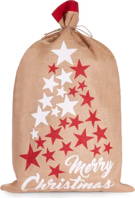 A Christmas sack with a tree design made of stars and the words "Merry Christmas".