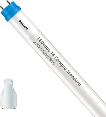 A Philips LED tube light with a white body and blue end caps, shown diagonally against a white background. A small white adapter is also visible in the bottom left corner.