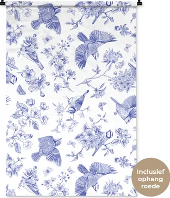 Produktbild von MuchoWow® Wandteppich Wandbehang Vintage - Vogel - Blumen - Blau 90x135 cm Tapisserie Dekoration Wandtuch - Baumwolle - Wandskulptur