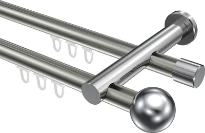 Produktbild von Interdeco Innenlaufstange / Gardinenstange mit Innenlauf Edelstahl-Optik / Chrom, Typ Platon Luino (Kugel), 20 mm Ø 2-läufig, 120 cm