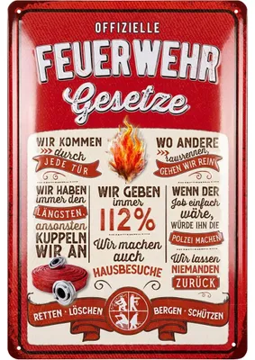 Produktbild von LANOLU Retro Blechschild Feuerwehrgesetze - Feuerwehrmann Geschenke für Männer, Feuerwehr Deko Schild - Metallschild mit Spruch, 20x30cm