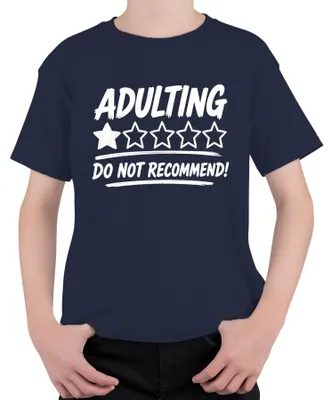 Obrázek produktu pro Tričko "Adulting: Nedoporučujeme", vtipné, dárek k narozeninám, sarkastické, pro děti, tmavě modré, velikost 104