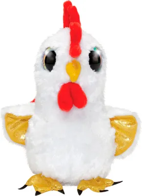 A plush toy rooster is shown against a white background.