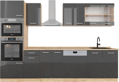 Kuchynská linka Vicco R-Line, 300 cm s vysokou skrinkou, bez pracovnej dosky, antracit vysoký lesk/dub Goldkraft
