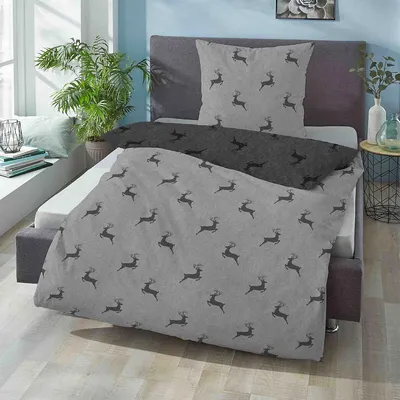 Produktbild von Biberna Melange Flanell Wendebettwäsche Hirsche sturmgrau 135x200 cm + 80x80 cm