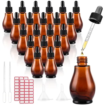 Image de 20 flacons en verre de 30 ml, couleur marron, avec compte-gouttes et accessoires, pour huiles