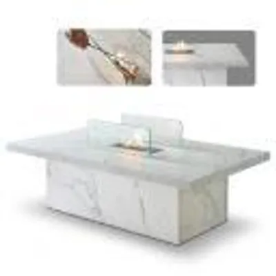 Immagine prodotto di Acantha Castellon tavolino da caffè a bioetanolo con focolare, effetto marmo bianco, vetro di sicurezza, bruciatore da 1,5 L, 110 × 65 × 34 cm