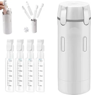 Obrázok produktu pre Sada cestovných fliaš 4 v 1 na šampón a kondicionér, praktický dávkovač s odmerkou a štítkom, ideálna na cestovanie a dopĺňanie zásob.