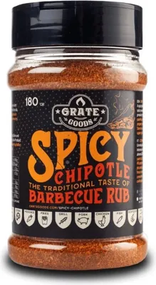 Obrázek produktu pro Grate Goods Premium Spicy Chipotle, Zrnkové koření, 180 g, Chilli paprička, Chipotle, Římský kmín, Fenykl, Česnek, Green jalapeno, Cibule, Paprika,..., Nizozemí, 1 kusů
