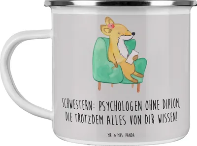 Produktbild von Mr. & Mrs. Panda Pott Schwestern Psychologen - Grau Pastell - Geschenk, Familie, Schwester, Emaille Becher, Lächeln, Haferl, Geschwister, Kaffeepott, Tasse, lieben