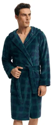 Produktbild von HENDERSON sportlicher Herren-Bademantel/Saunamantel/Sport-Mantel mit Kapuze, Dunkelblau/Grün kariert, Gr. XXL