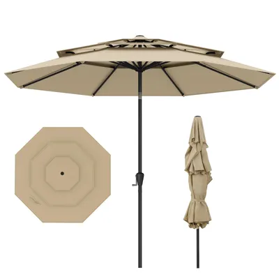 A beige, three-tiered patio umbrella is shown open, with a top-down view and a folded view also present.
