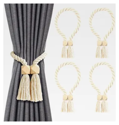 Produktbild von 4 Stück Magnetische Vorhang Raffhalter - Gardinenhalter im Boho-Stil mit Fransen und Holzperlen - Starker Magnet-Vorhanghalter für Wohnzimmer, Schlafzimmer und Balkon