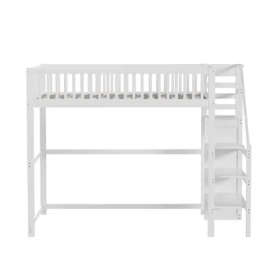 Produktbild von okwish Hochbett Stockbett 140x200cm mit Treppe, Kinderbett Bettgestell aus Holz mit Aufbewahrungsregal, einfacher Kleiderschrank, Weiß
