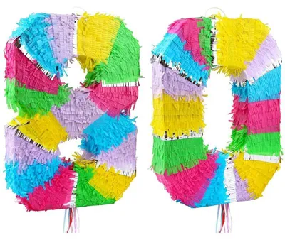 Produktbild von Piñata Zahl 80, bunt pastell, 50 cm hoch, 30 cm breit, 7,5 cm tief, ungefüllt, 2er Set