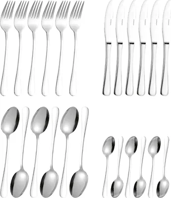 A collection of cutlery, including forks, knives, and spoons, arranged in neat rows against a white background.