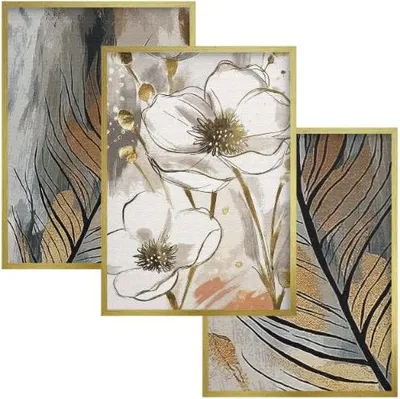 Produktbild von Poster Wandbilder Gold Blätter Blumen Beige Dekoration Wohnzimmer Deko