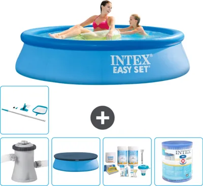 Produktbild von Intex runder aufblasbarer Easy Set-Schwimmpool – 244 x 61 cm – Blau – inklusive Pumpe Abdeckung - Wartungspaket - Filter - Reinigungskit