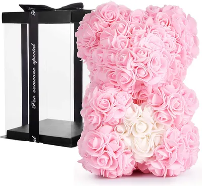 Produktbild von BRUBAKER Rosenbär Blumenbär 25 cm - Blumen Geschenk zum Valentinstag Jahrestag Geburtstag Hochzeit - Geschenkbox inklusive - Rosa mit Herz Weiß