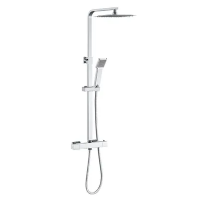 A modern chrome shower system with a rainfall showerhead and a handheld showerhead, mounted on a white background.