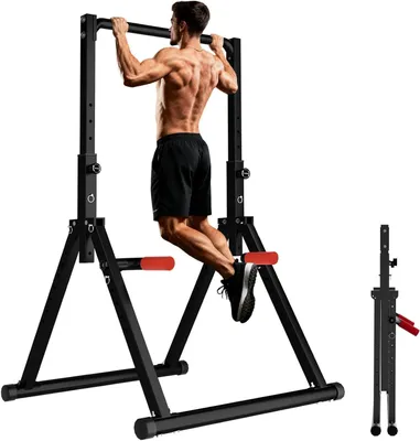 Produktbild von Krachtstation für Dips – Fitnessgeräte – Training zu Hause – Klappbar und stabil – Belastbarkeit: 300 kg – Schwarz