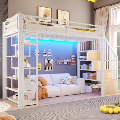 Image de Lit superposé en fer forgé avec étagère, échelle intégrée, barrière de sécurité, éclairage LED et espace de rangement. Idéal pour les chambres d'enfants. Matelas non inclus. Couleur : blanc. Dimensions : 90 x 200 cm