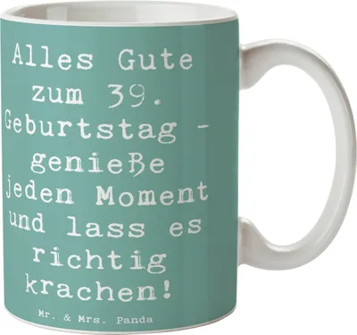 Produktbild von Mr. & Mrs. Panda Kaffeetasse Spruch 39. Geburtstag Freude - Meeresbrise - Geschenk, Geburtstagsfeier, Glückwunsch, Geschenktasse, Geburtstagsgeschenk, Handgefertigt