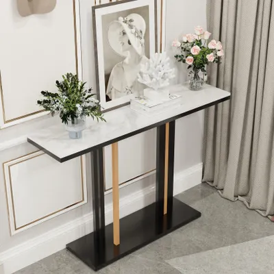 Immagine prodotto di FATIVO Consolle in marmo stretta in metallo: lussuosa consolle bianca in stile scandinavo con 2 ripiani, tavolino da salotto, ingresso 118×30×78 cm