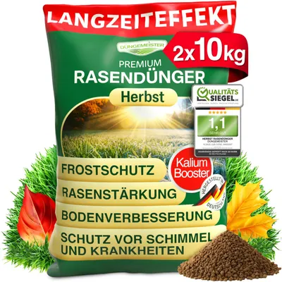 Produktbild von DÜNGEMEISTER Herbst Rasendünger – mit Langzeitwirkung und KaliumschutzPlus Formel für extrem winterfesten, sattgrünen Rasen! Perfekte Widerstandsfähigkeit gegen Frost & Krankheiten (20kg)