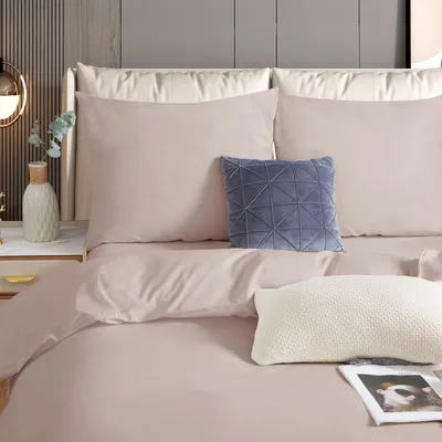 A neatly made bed with pink bedding, featuring two large pillows and a smaller decorative blue pillow, along with a cream-colored accent pillow and a magazine on the lower right.
