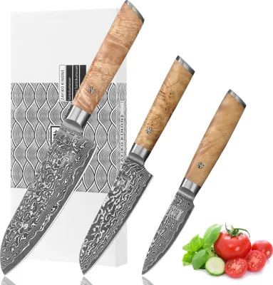 Produktbild von Zayiko Kinone 3er Damastmesser-Set I 8-17 cm Klingen I Wurzelholzgriffe Birke