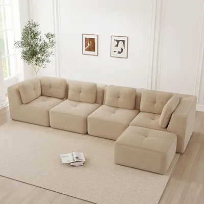 Productafbeelding van Modulaire bank voor de woonkamer, zonder montage nodig, geschikt voor 4 personen, bekleed met cordura, diepe zitdiepte, antislip (beige)