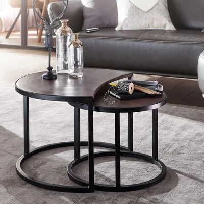 Produktbild von WOHNLING Couchtisch 2er Set Mango Massivholz / Metall Wohnzimmertisch Rund Industrial Beistelltisch mit Metallbeine Schwarz Tischset 2-teilig