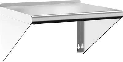 A stainless steel wall shelf with triangular brackets.