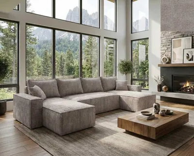 Produktbild von Das U-förmige Ecksofa FELINO von Nordelo universell L/R, 150×310×90 cm, 150x280 Schlaffunktion Stoff Cremona Dunkelbeige