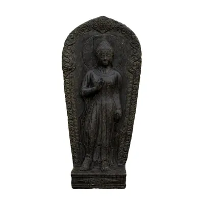 Produktbild von Buddha Figur stehend Relief für den Garten oder die Terrasse aus Steinguss Neu Frostfest Witterungsbeständig Steinfigur Gartenfigur AP-STBRE-130
