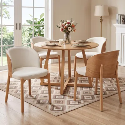 Immagine prodotto di Set di 4 sedie da pranzo Flieks in legno massello con rivestimento in lino, impiallacciate in legno di faggio, ideali per la sala da pranzo, il soggiorno o come sedie da cucina, con finitura in legno naturale